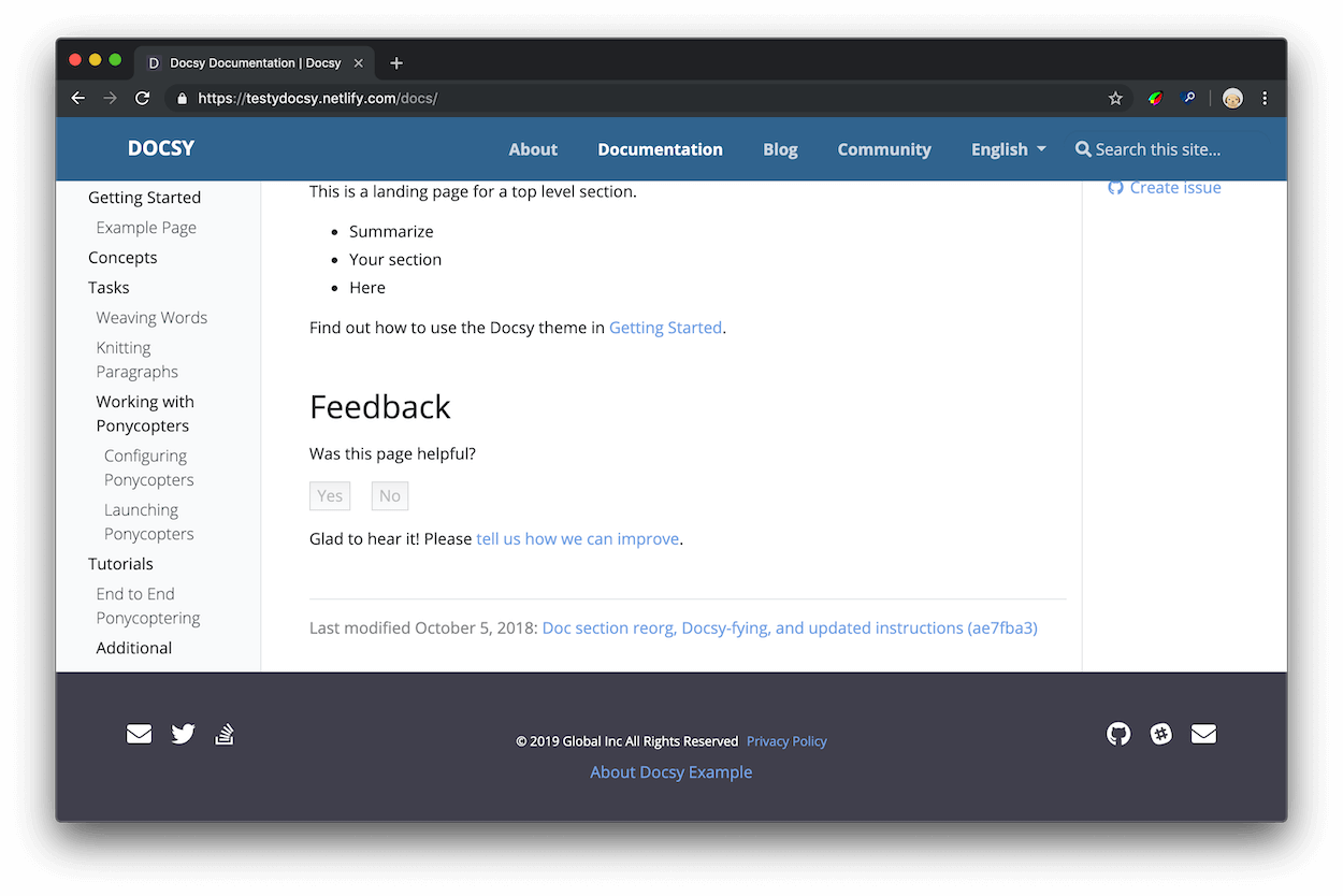 After clicking 'Yes' the widget responds with 'Glad to hear it!
Please tell us how we can improve.' and the second sentence is a link which,
when clicked, opens GitHub and lets the user create an issue on the
documentation repository.